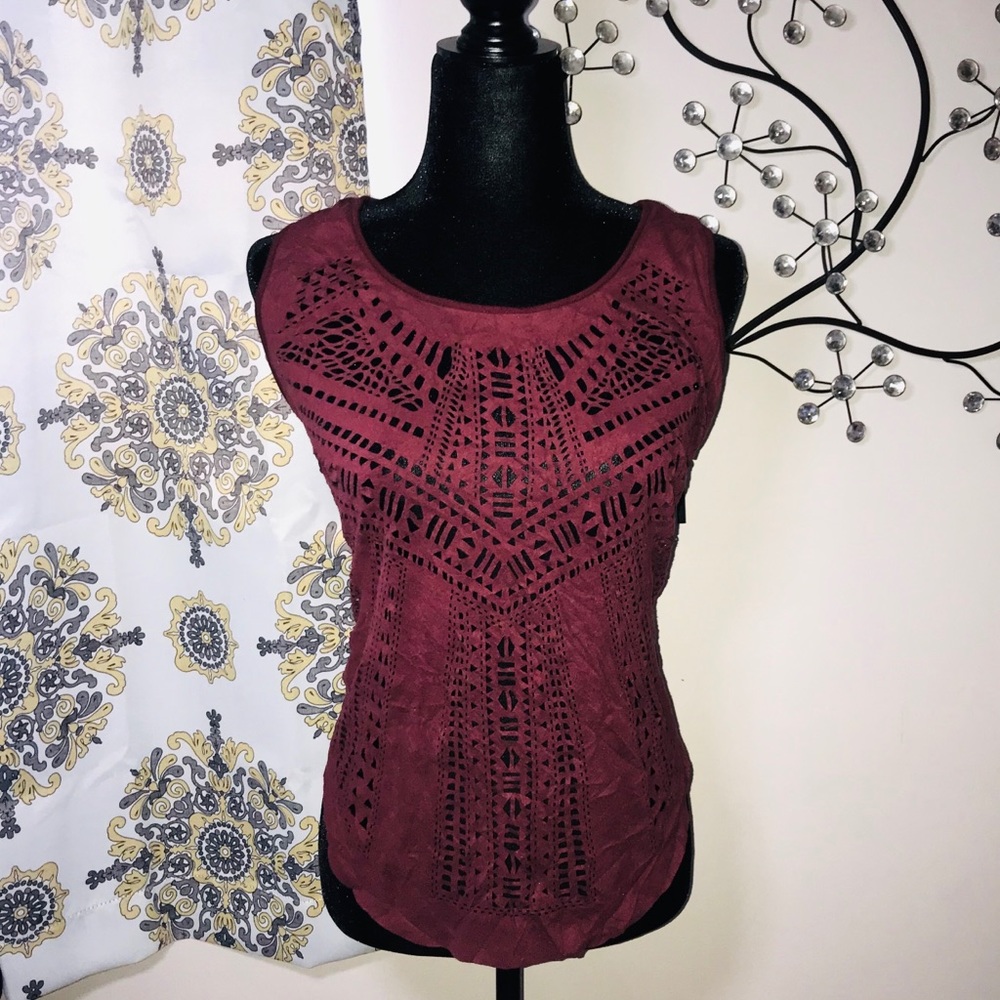 SAM EDELMAN Maroon Laser Cut Long Tunic Blouse